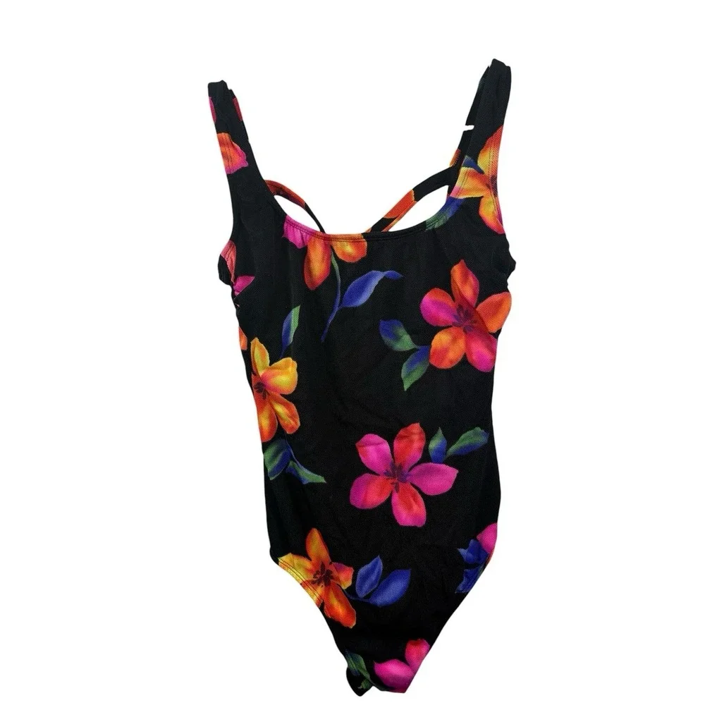 Vintage 80's Nylon Mesh Black Floral Pink One Piece Swimsuit Robby len Size 10 M